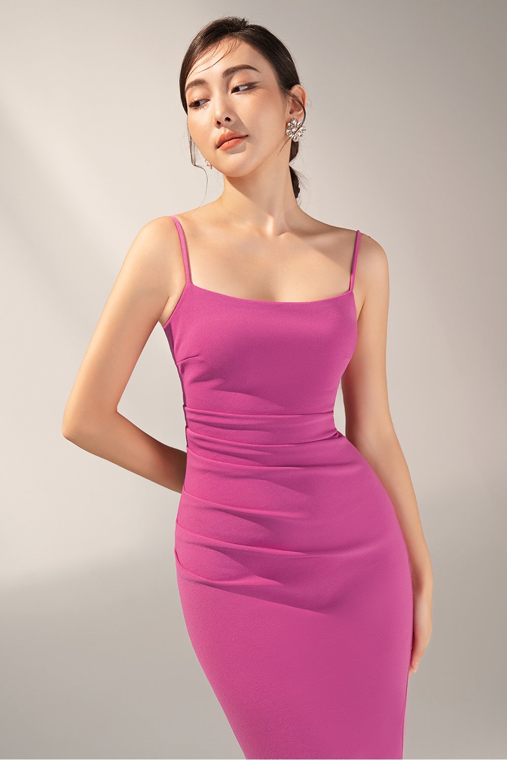 Ellery Padded Twist Back Ruched Dress in Hot Pink