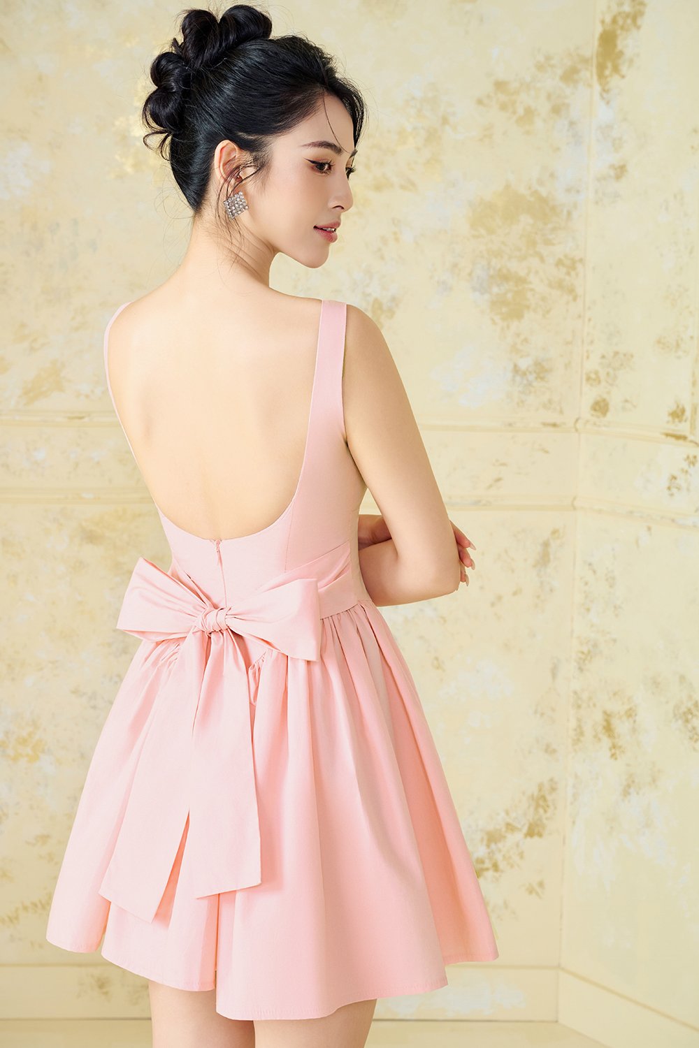 Jovie Padded Low Back Bow Mini Dress in Ballet Pink
