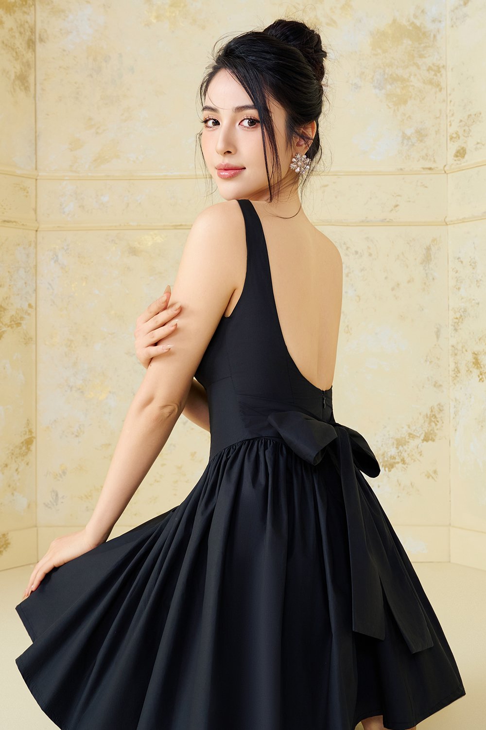 Jovie Padded Low Back Bow Mini Dress in Classic Black