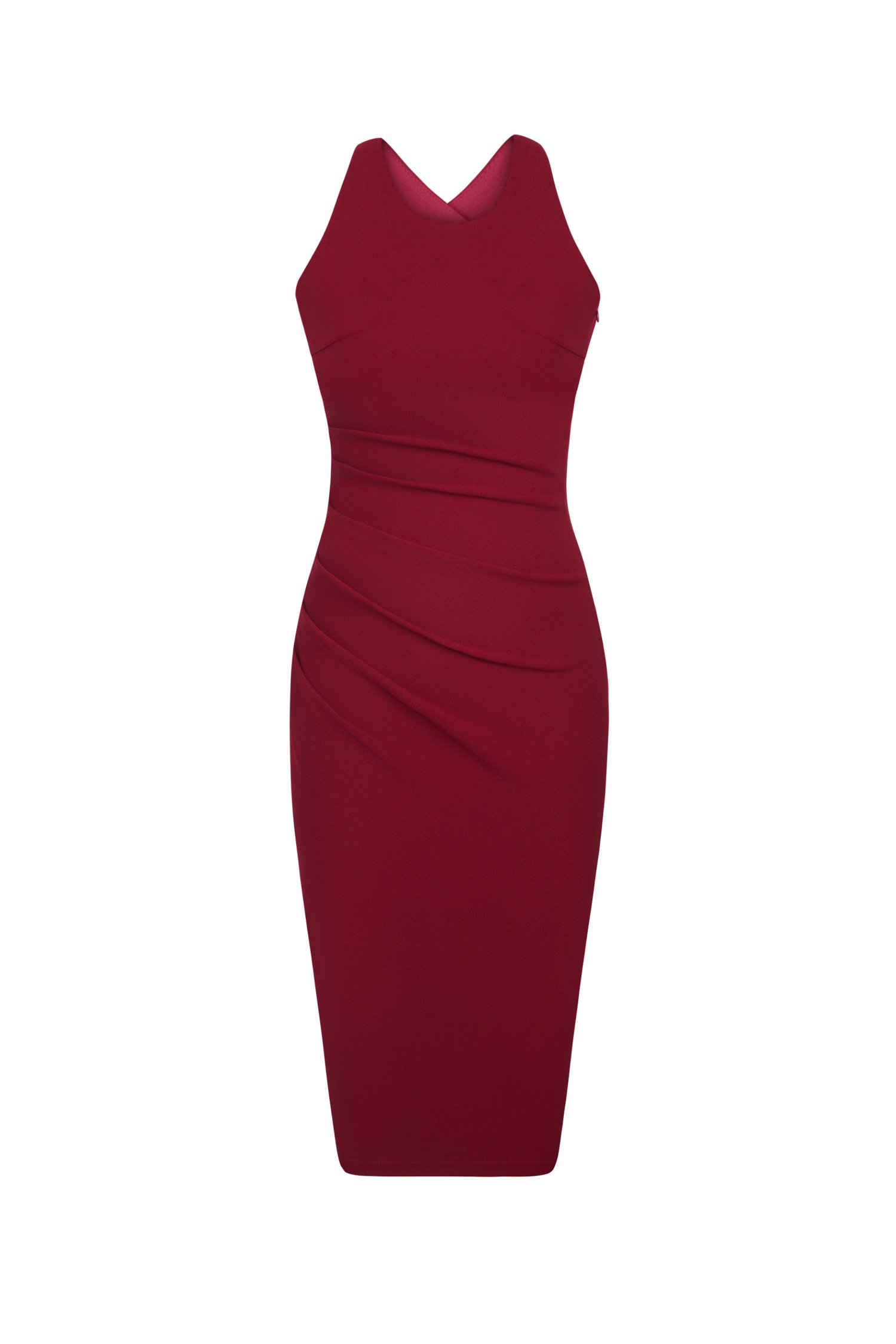Kiara Padded Crossover Ruched Dress in Wine Red