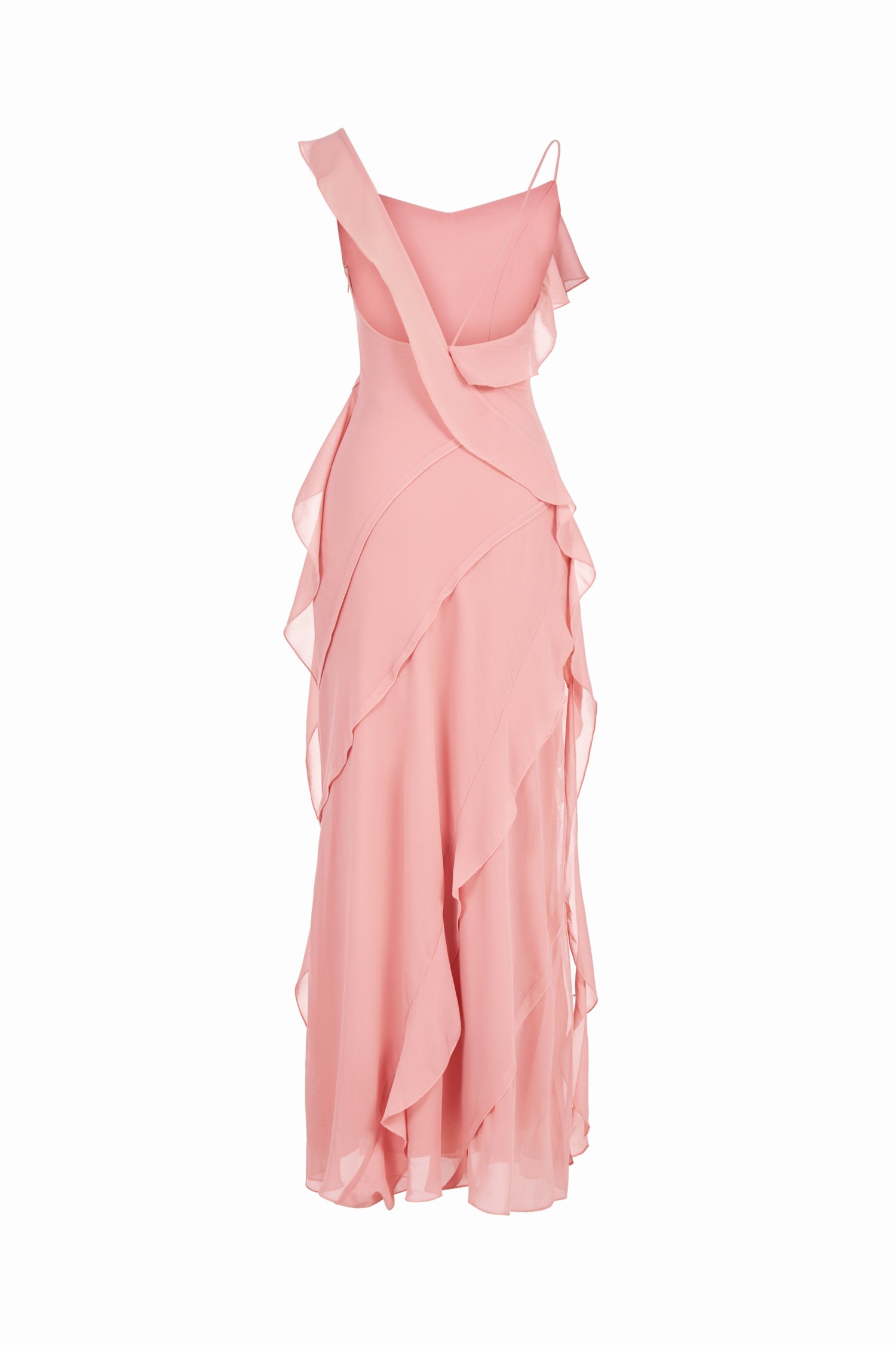 Liora Padded Asymmetrical Frill Maxi Dress in Candlelight Peach