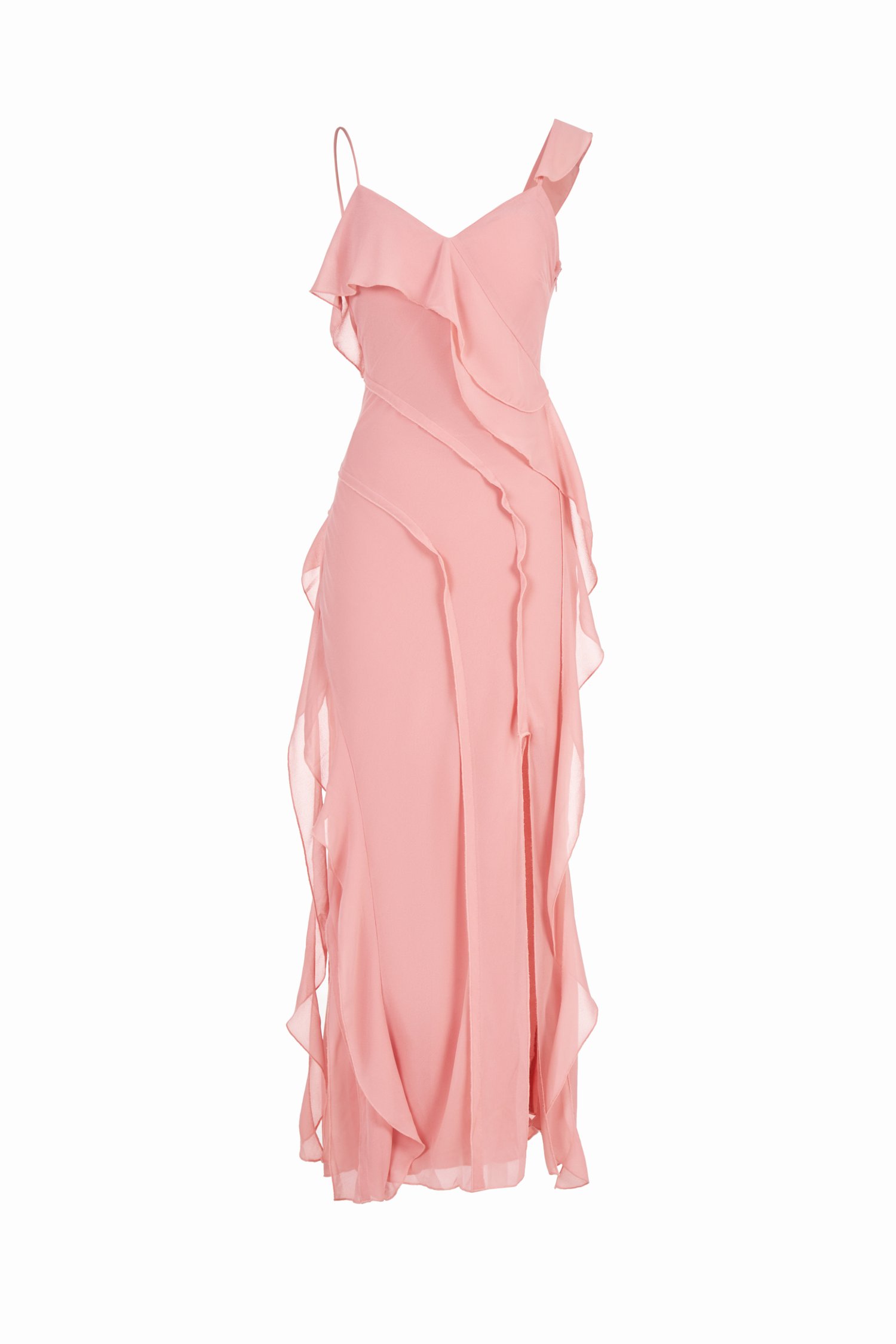Liora Padded Asymmetrical Frill Maxi Dress in Candlelight Peach