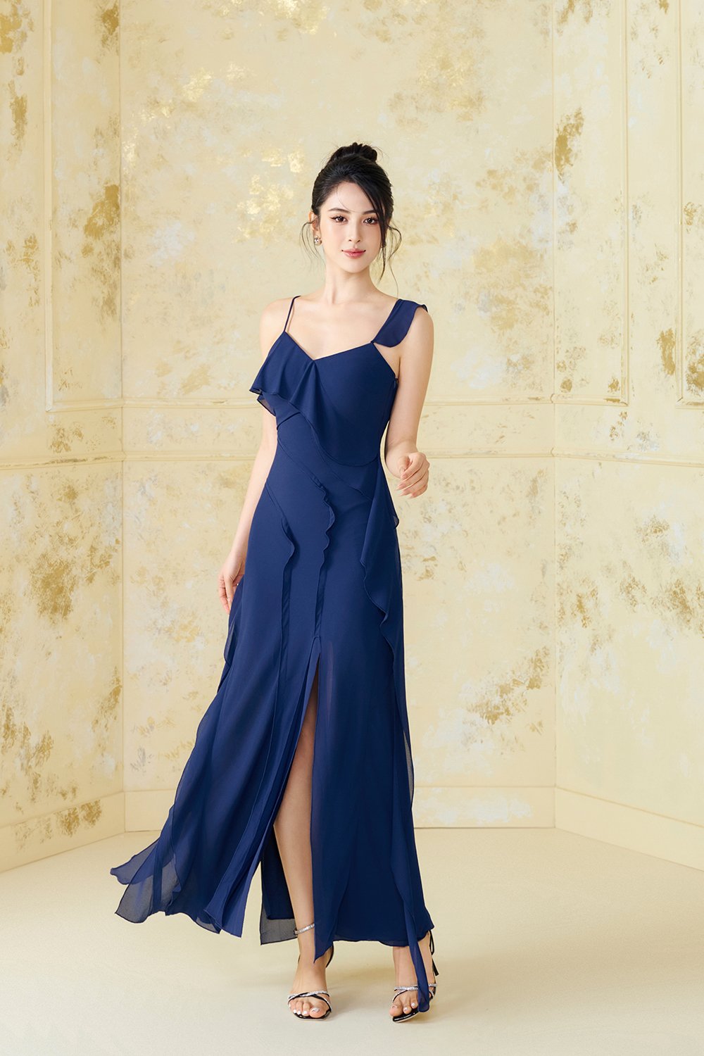 Liora Padded Asymmetrical Frill Maxi Dress in Royal Blue