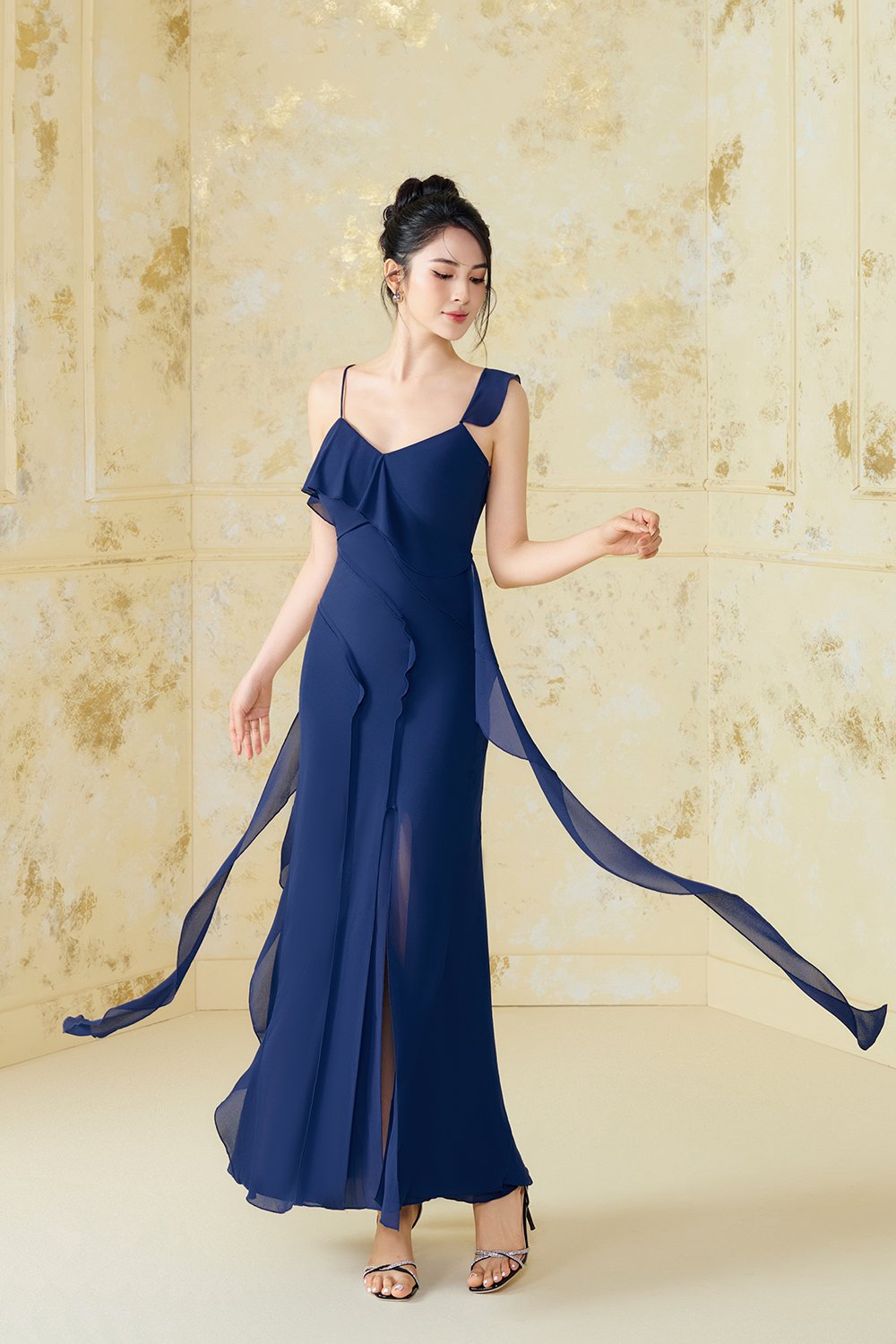 Liora Padded Asymmetrical Frill Maxi Dress in Royal Blue