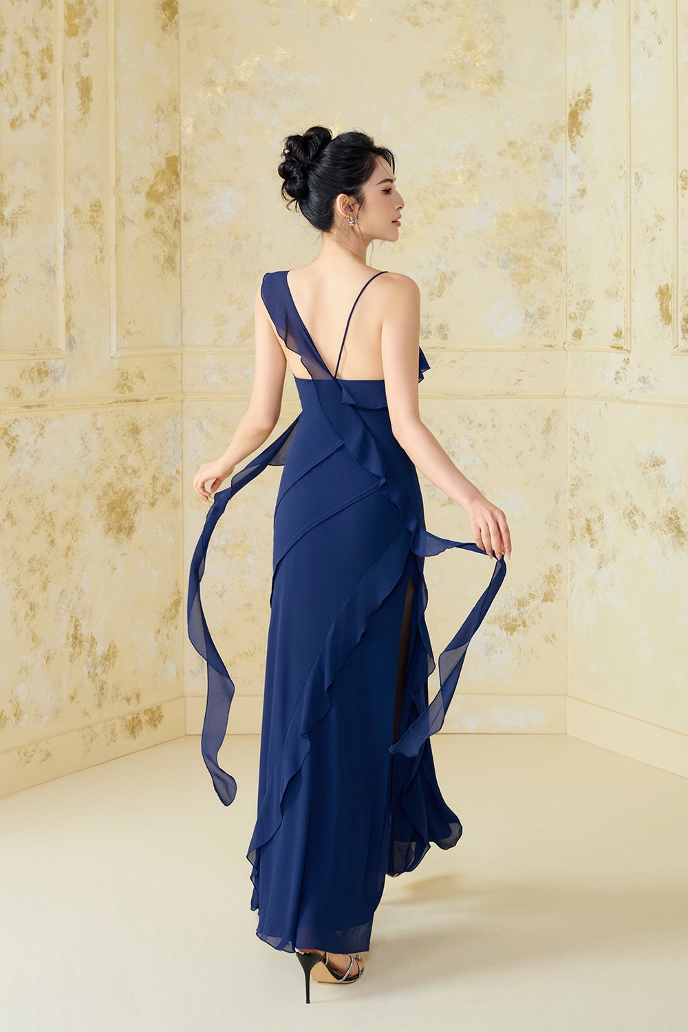 Liora Padded Asymmetrical Frill Maxi Dress in Royal Blue