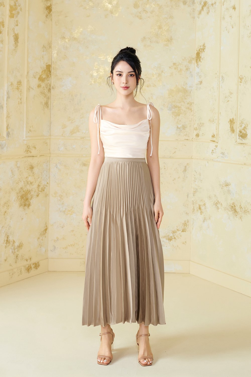 Desiree Asymmetrical Cowl Neck Strappy Ribbon Top in Creamy Ivory