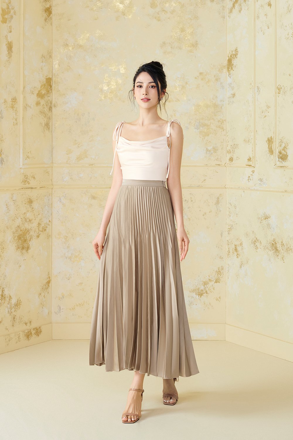 Desiree Asymmetrical Cowl Neck Strappy Ribbon Top in Creamy Ivory