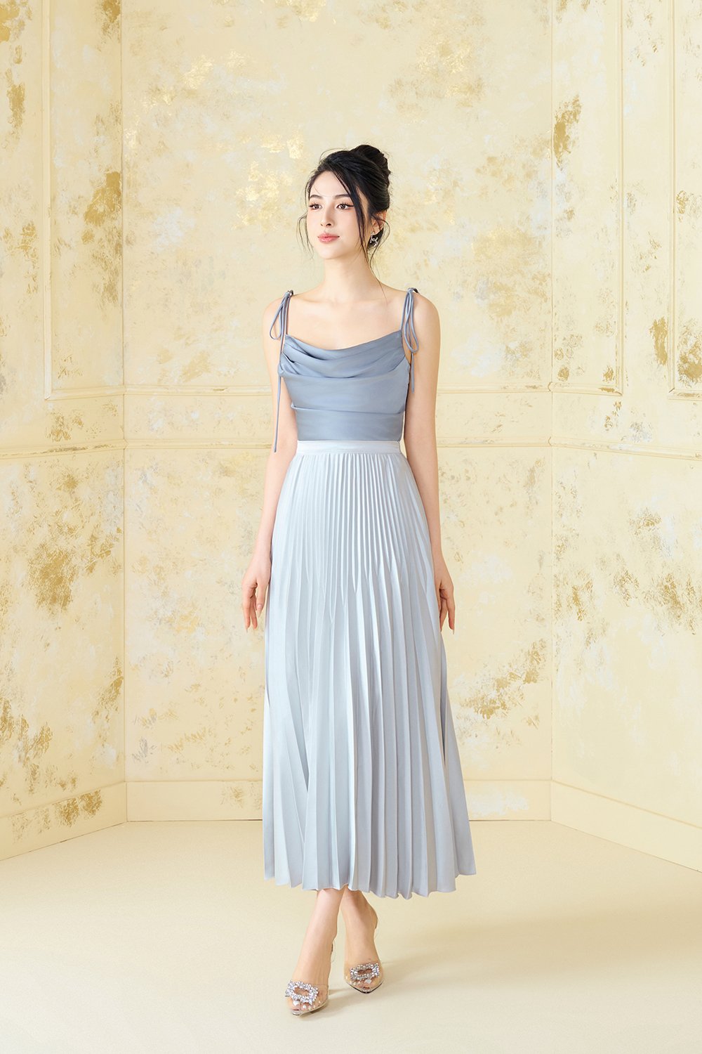 Seraphine Pleated Midi Skirt in Light Silver