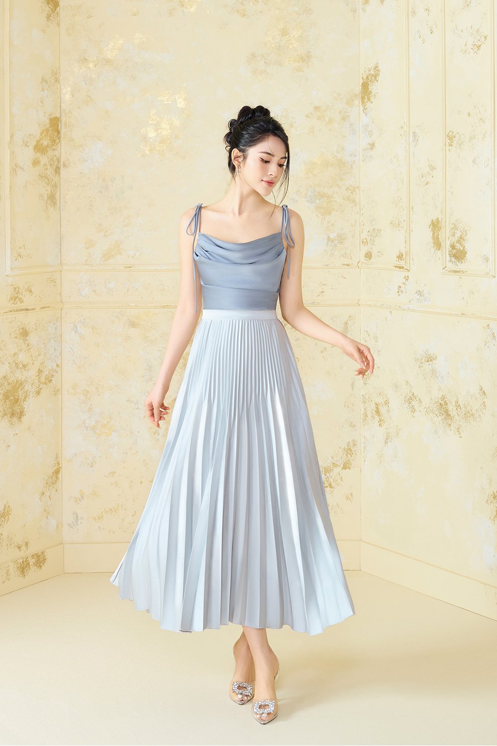 Desiree Asymmetrical Cowl Neck Strappy Ribbon Top in Titanium Blue