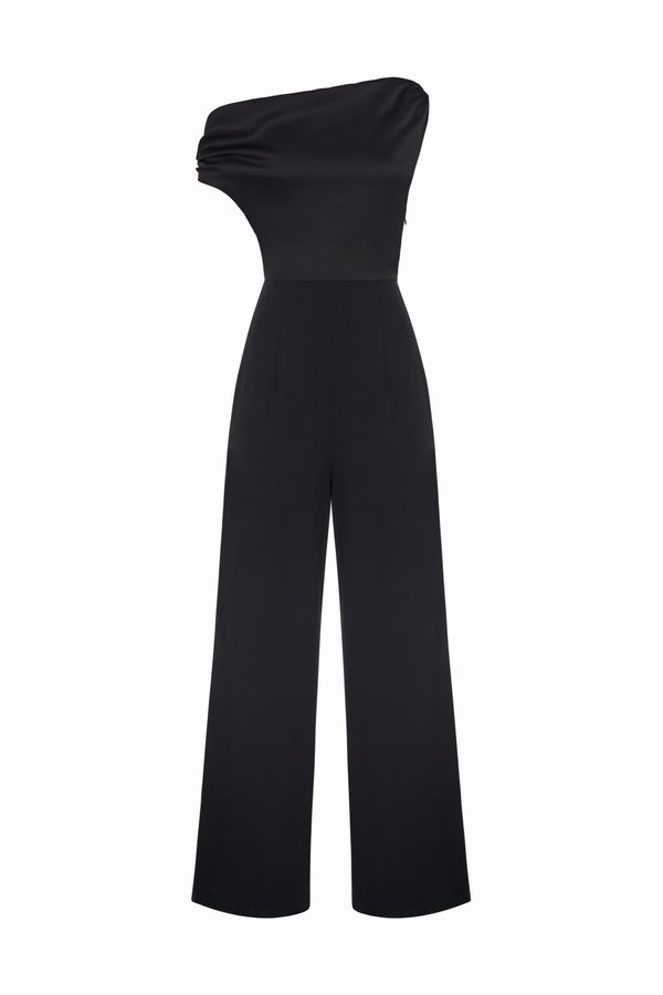 Aimee Drape Asymmetrical Jumpsuit In Classic Black