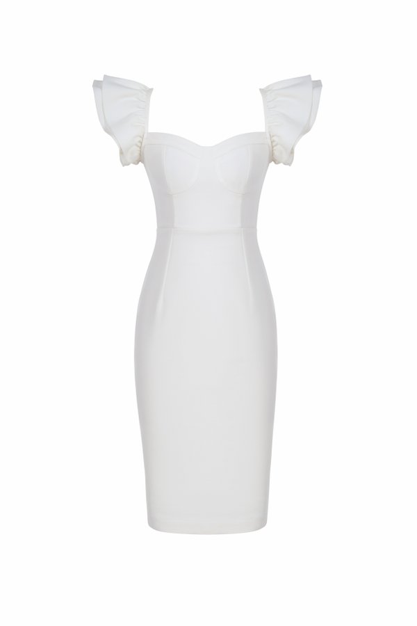 Carol Flutter Shoulder Pencil Dress in Iconic White