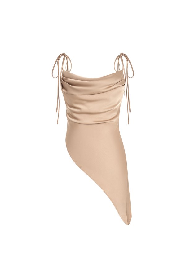 Desiree Asymmetrical Cowl Neck Strappy Ribbon Top in Nude Champagne