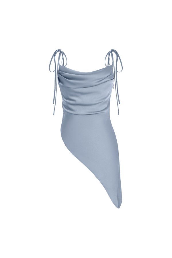 Desiree Asymmetrical Cowl Neck Strappy Ribbon Top in Titanium Blue