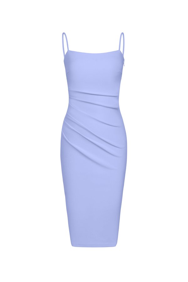 Ellery Padded Twist Back Ruched Dress in Periwinkle Blue