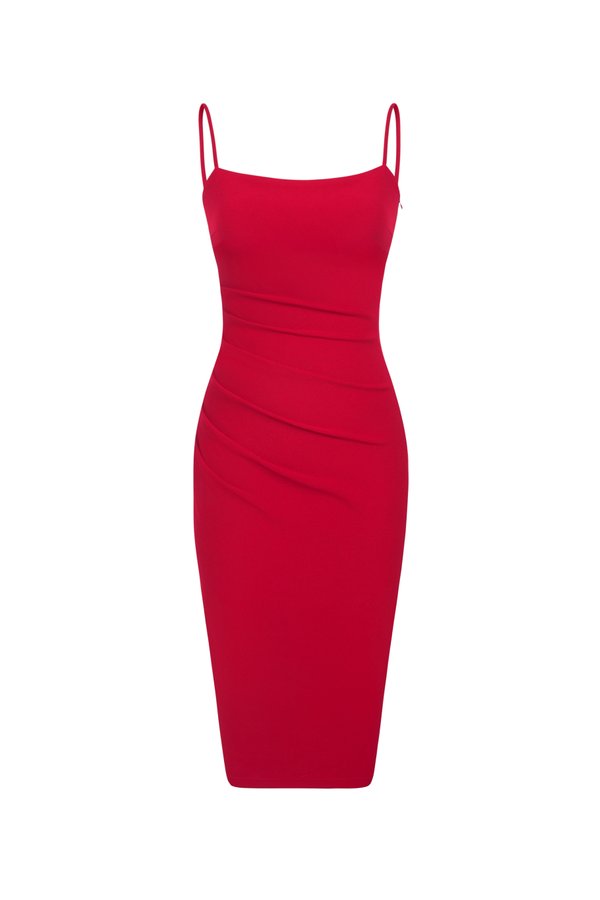 Ellery Padded Twist Back Ruched Dress in True Red
