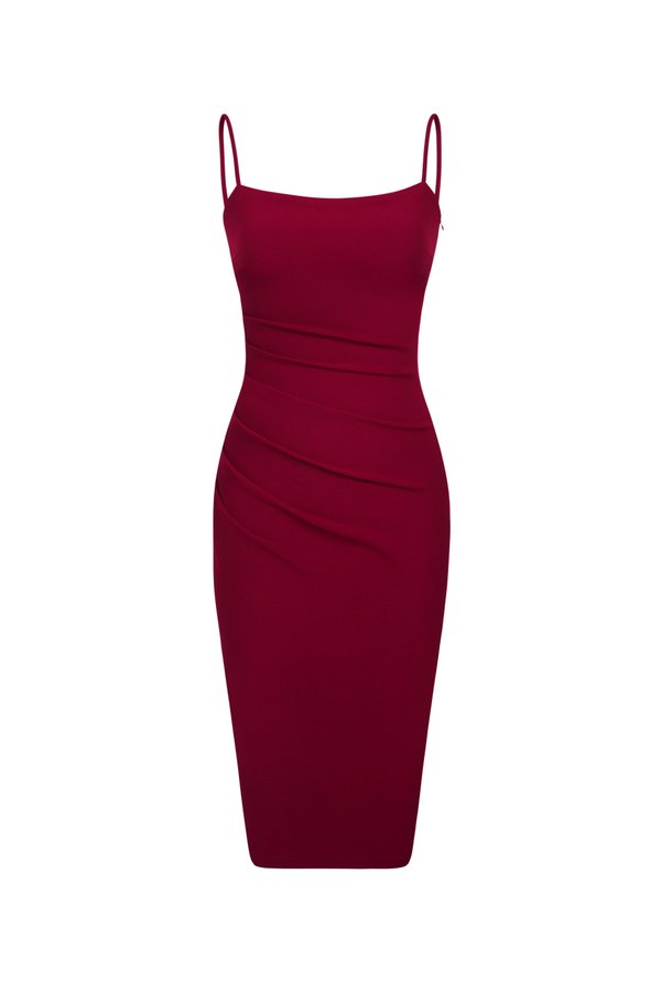 Ellery Padded Twist Back Ruched Dress in Wine Red