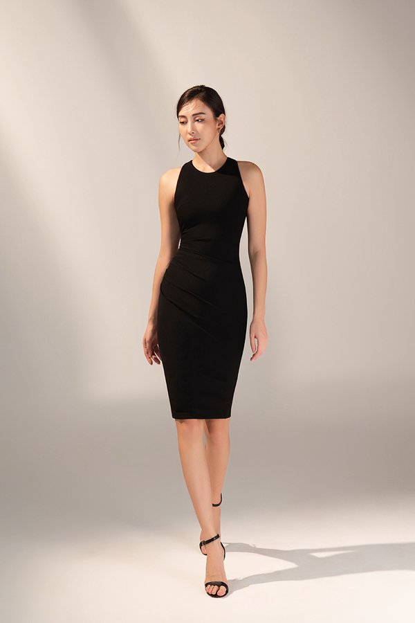 Kiara Padded Crossover Ruched Dress in Classic Black