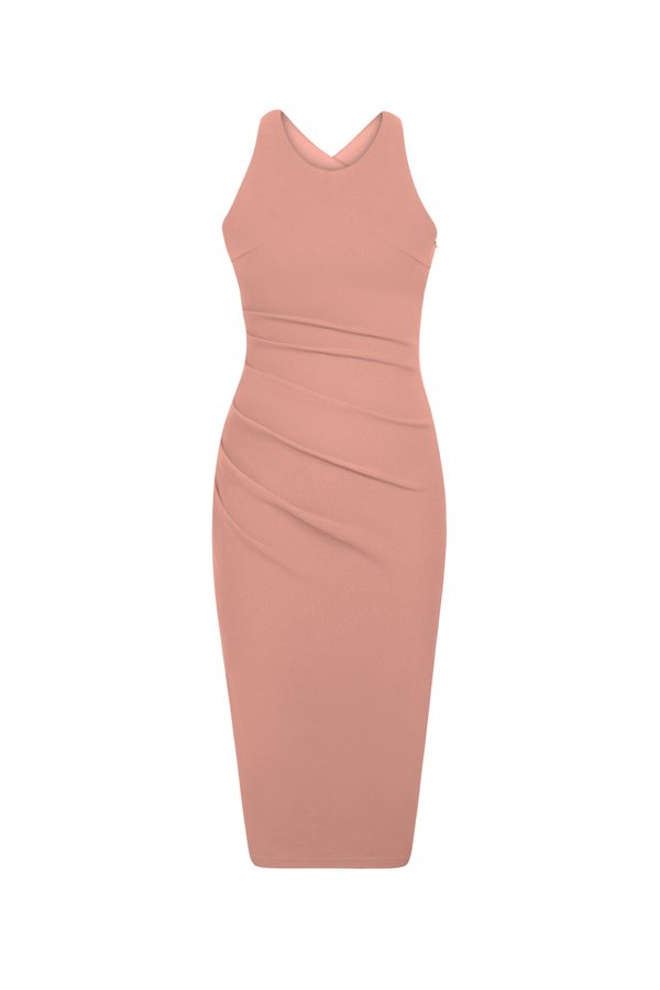 Kiara Padded Crossover Ruched Dress in Dusty Rose