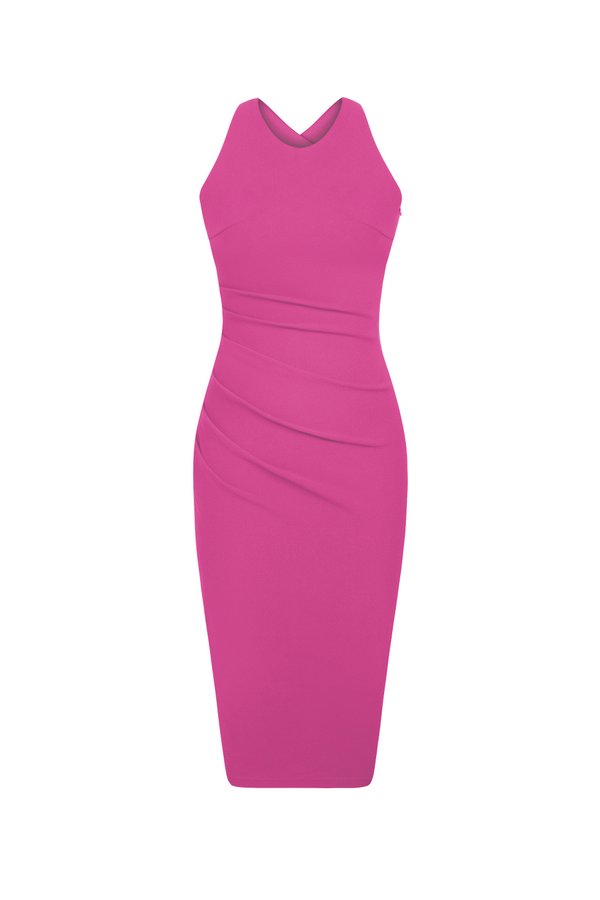 Kiara Padded Crossover Ruched Dress in Hot Pink