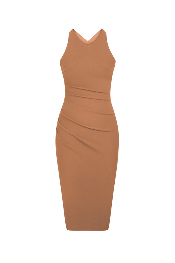 Kiara Padded Crossover Ruched Dress in Latte