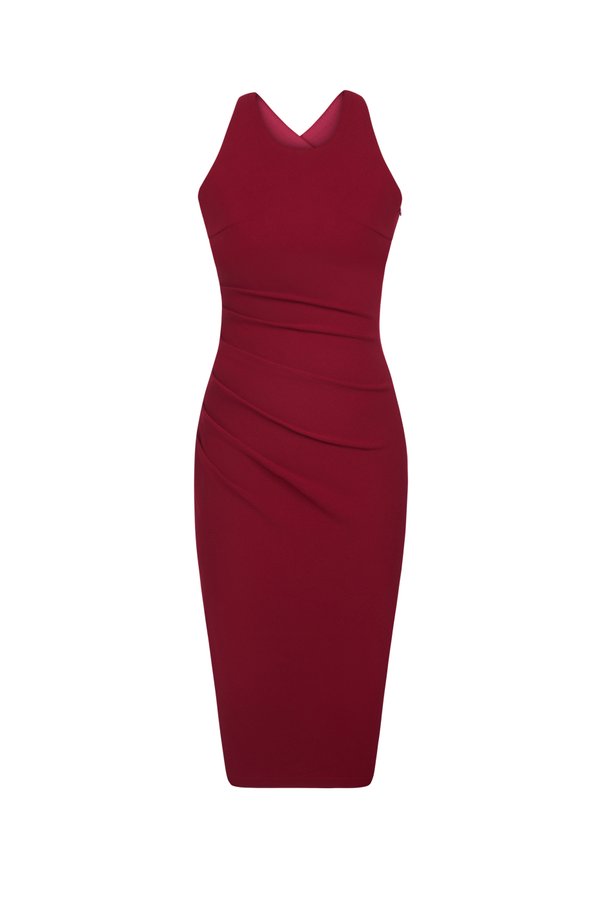 Kiara Padded Crossover Ruched Dress in Wine Red