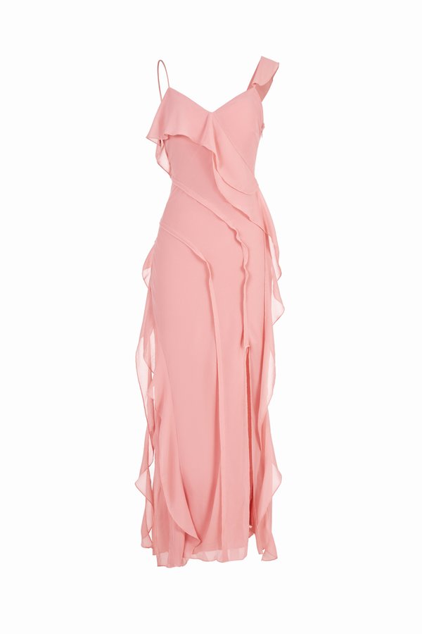 Liora Padded Asymmetrical Frill Maxi Dress in Candlelight Peach