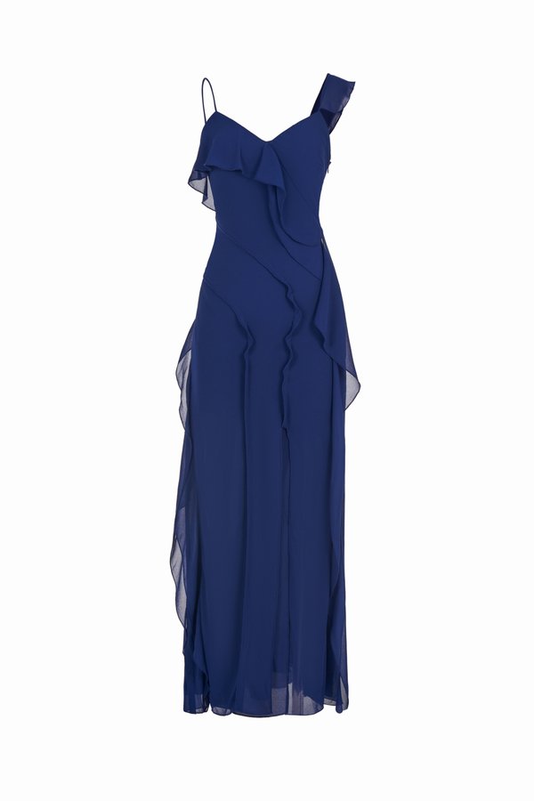 Liora Padded Asymmetrical Frill Maxi Dress in Royal Blue