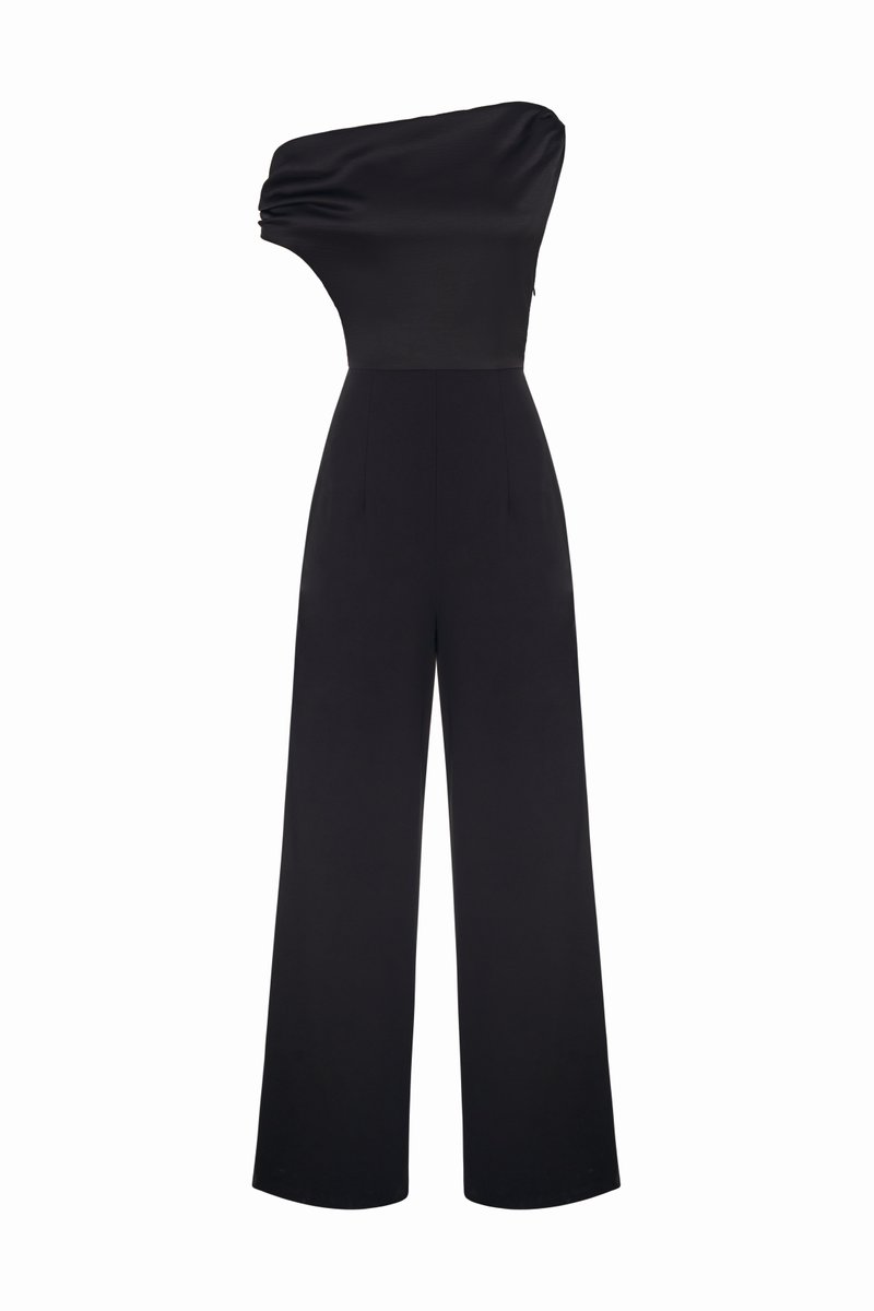 Aimee Drape Asymmetrical Jumpsuit In Classic Black | Chello