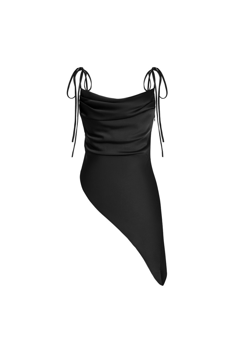 Desiree Asymmetrical Cowl Neck Strappy Ribbon Top in Classic Black | Chello