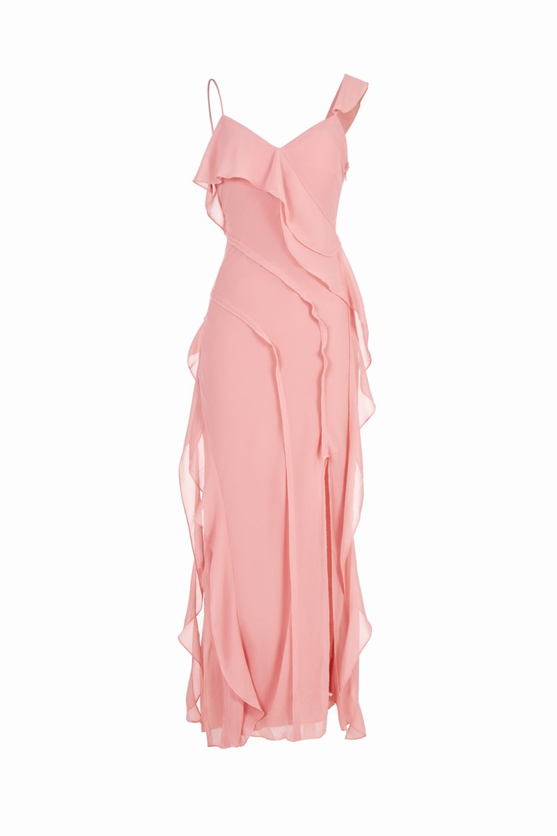 Liora Padded Asymmetrical Frill Maxi Dress in Candlelight Peach | Chello