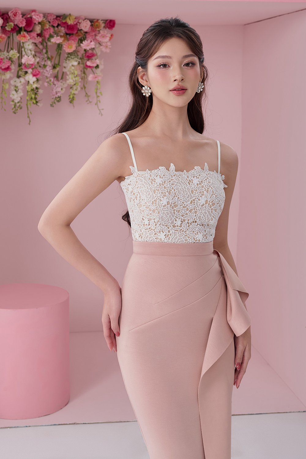 Leona Asymmetric Origami Midi Skirt in Nude Rose