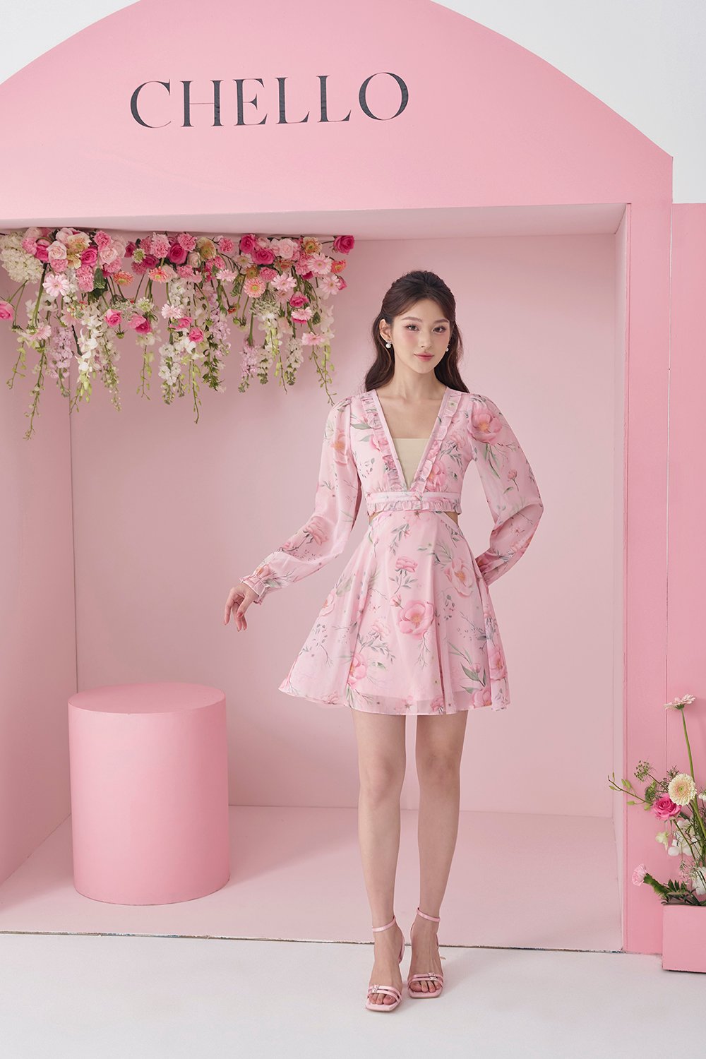 Aiko Cut-Out Floral Mini Dress in Blush Rose Painted Florals