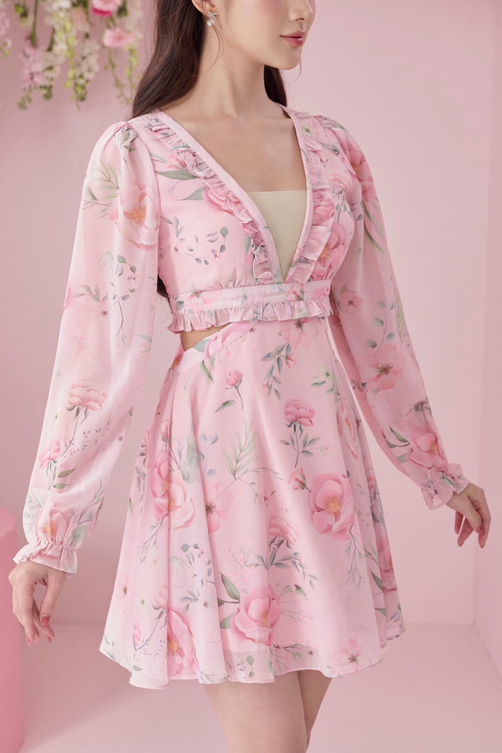 Aiko Cut-Out Floral Mini Dress in Blush Rose Painted Florals