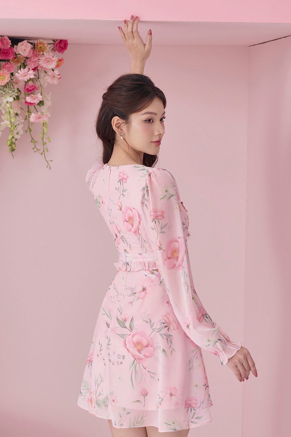 Aiko Cut-Out Floral Mini Dress in Blush Rose Painted Florals