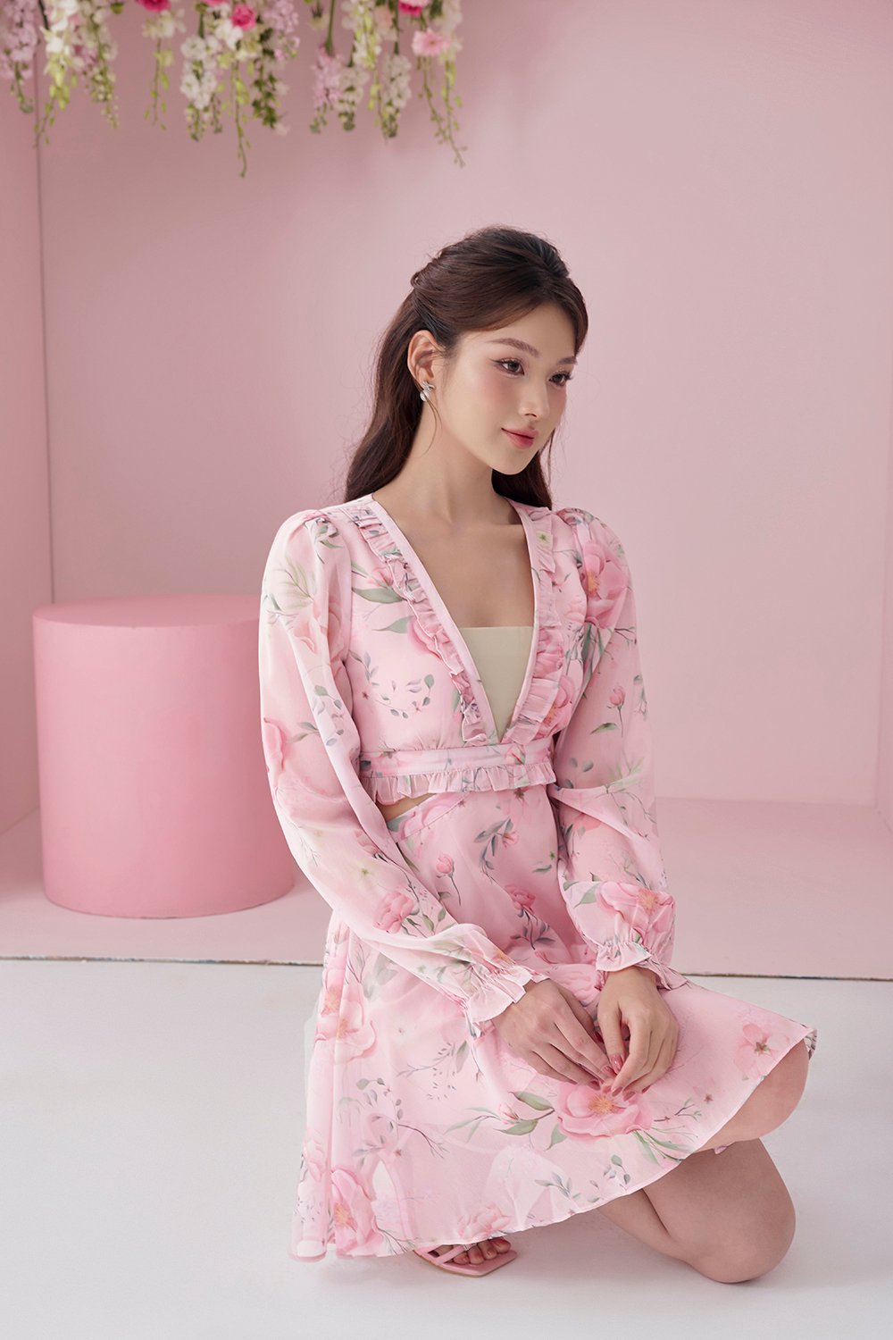 Aiko Cut-Out Floral Mini Dress in Blush Rose Painted Florals