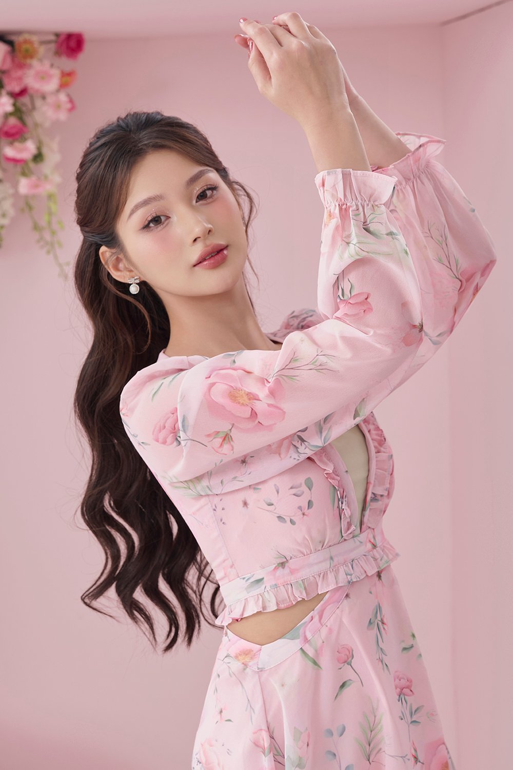 Aiko Cut-Out Floral Mini Dress in Blush Rose Painted Florals