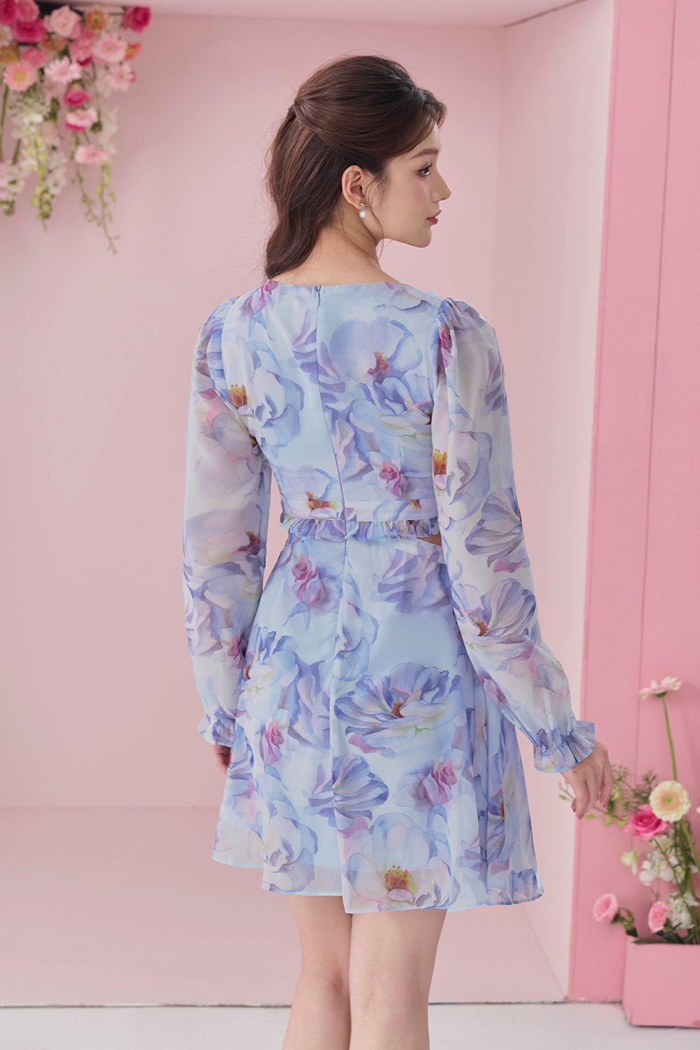 Aiko Cut-Out Floral Mini Dress in Light Blue Painted Florals