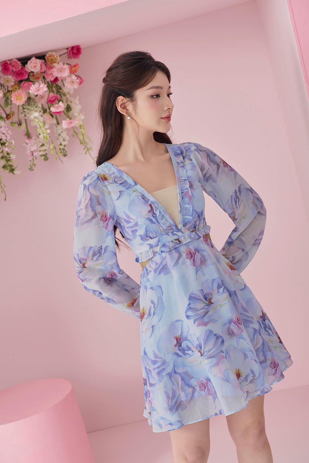 Aiko Cut-Out Floral Mini Dress in Light Blue Painted Florals
