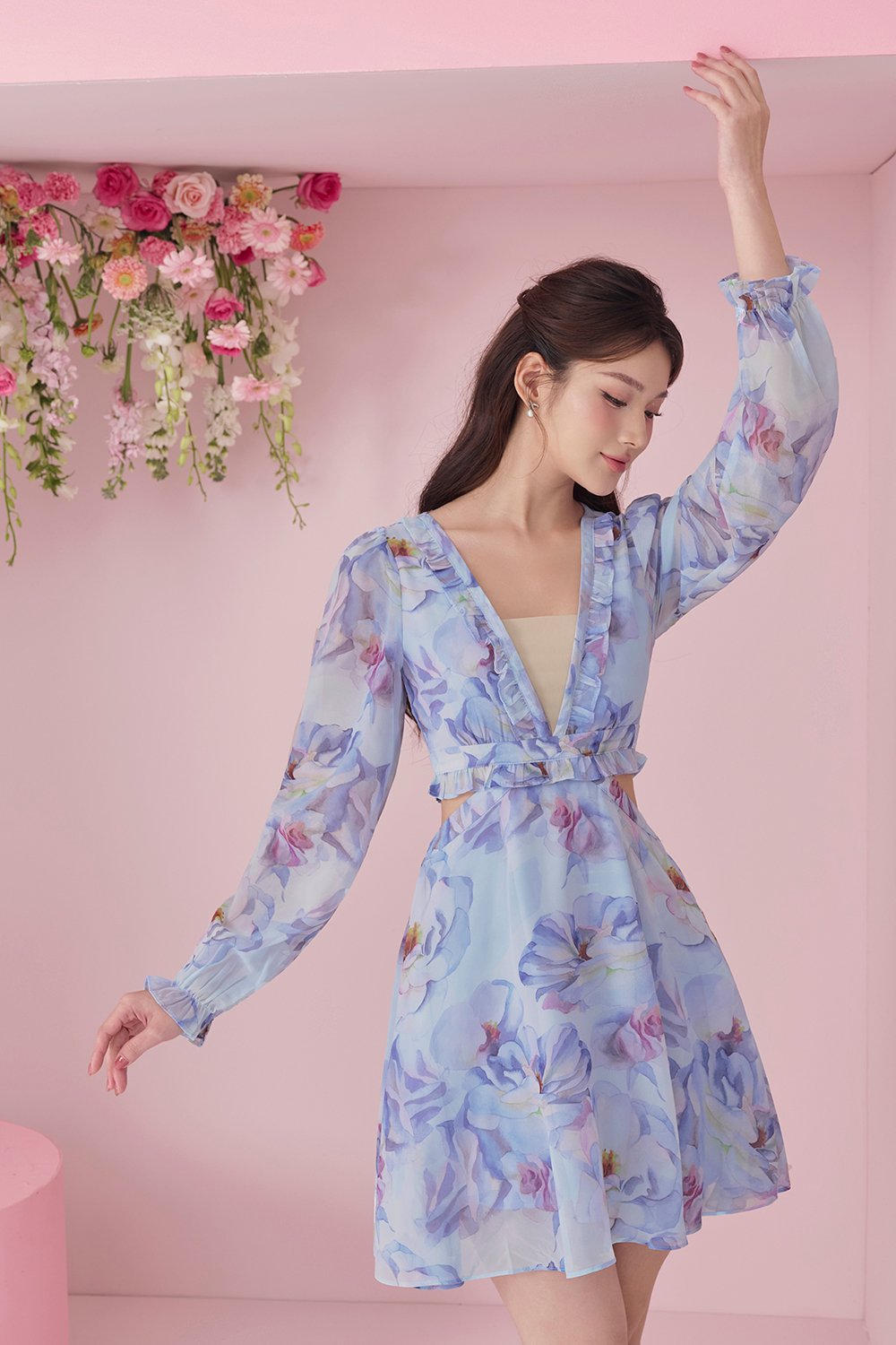 Aiko Cut-Out Floral Mini Dress in Light Blue Painted Florals