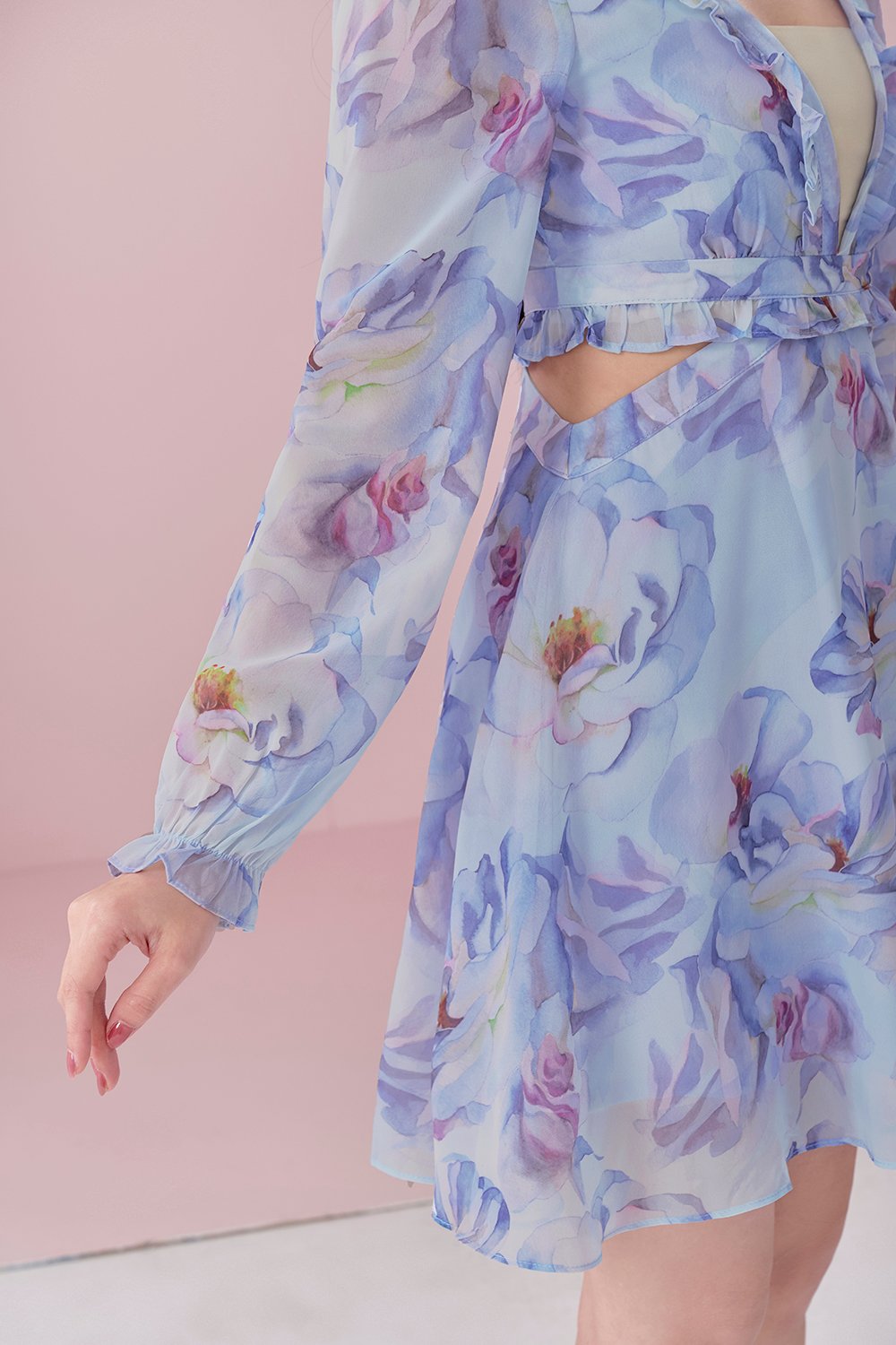 Aiko Cut-Out Floral Mini Dress in Light Blue Painted Florals