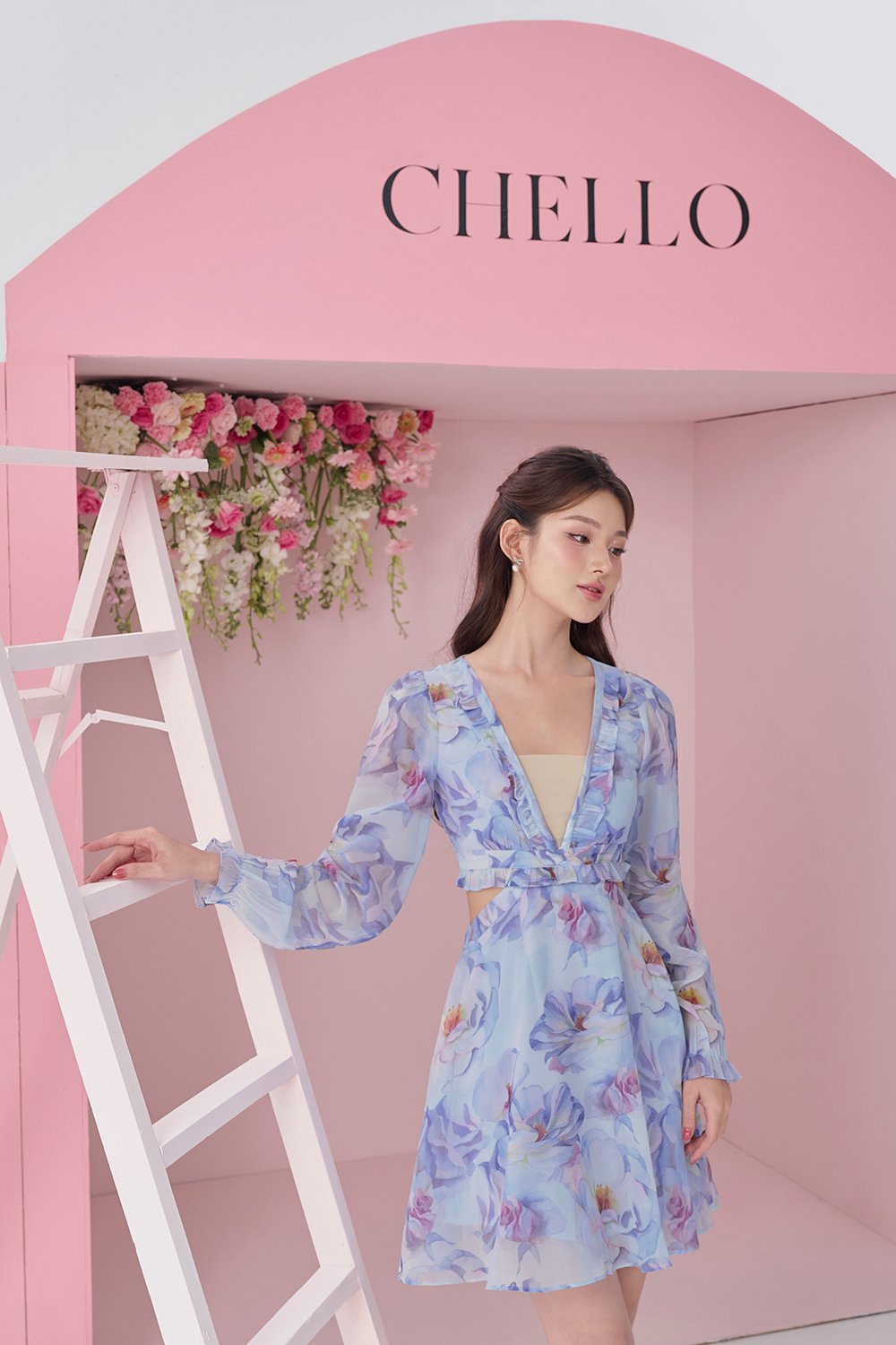 Aiko Cut-Out Floral Mini Dress in Light Blue Painted Florals