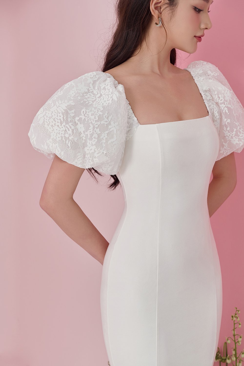 Arrietty Lace Puff Sleeves Ponte Pencil Dress in Iconic White