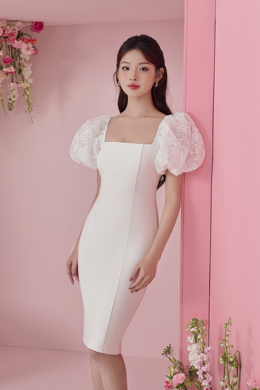 Arrietty Lace Puff Sleeves Ponte Pencil Dress in Iconic White