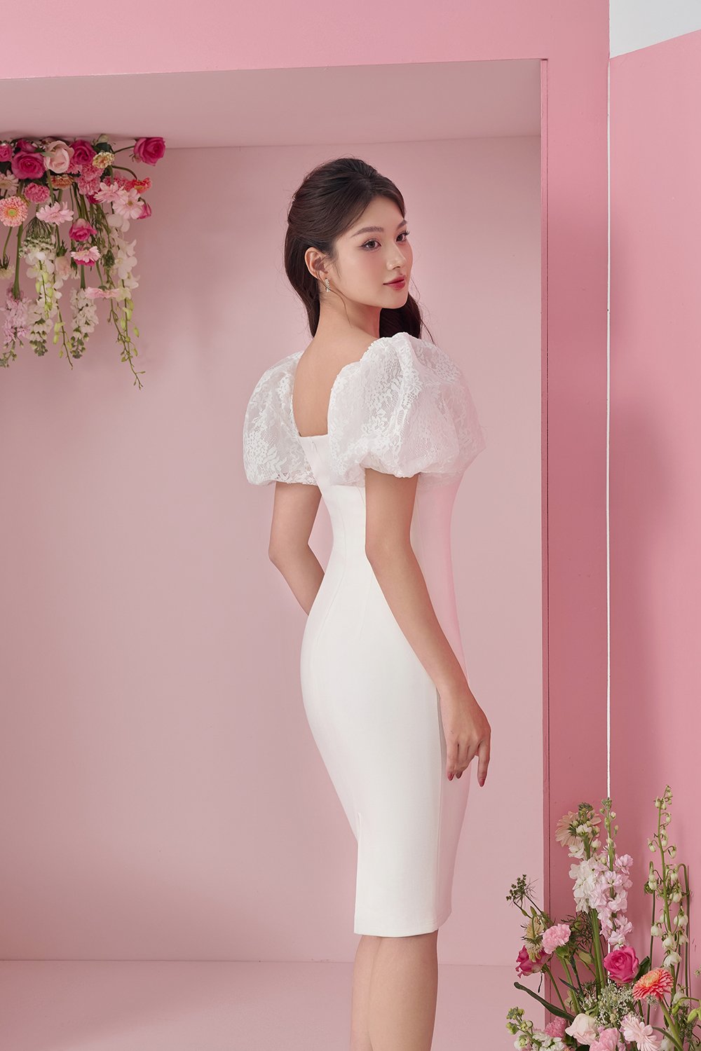 Arrietty Lace Puff Sleeves Ponte Pencil Dress in Iconic White