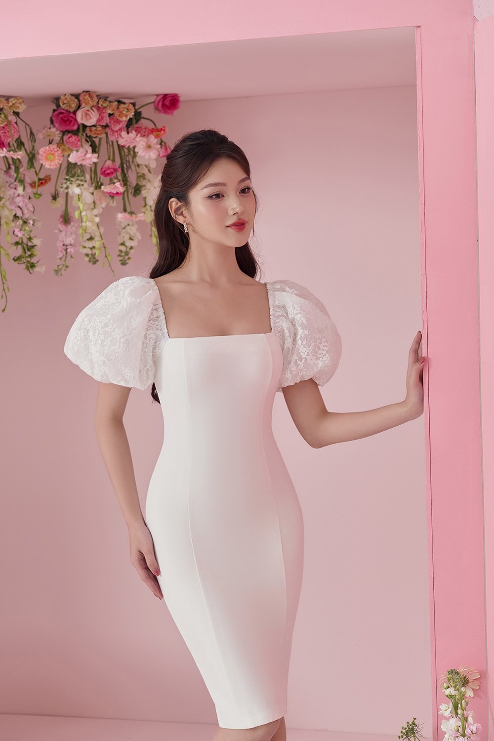 Arrietty Lace Puff Sleeves Ponte Pencil Dress in Iconic White