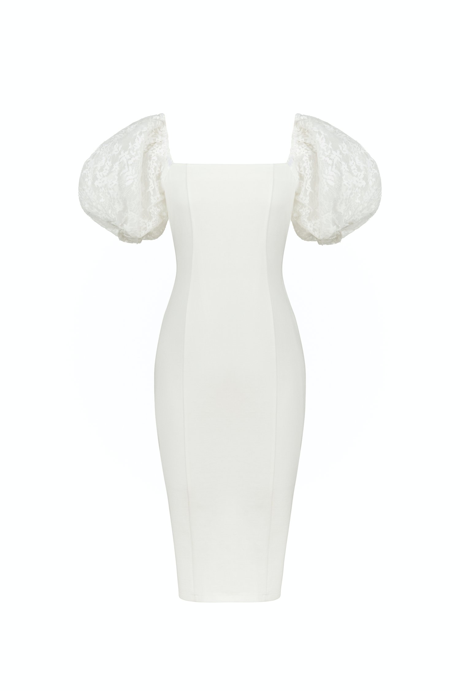 Arrietty Lace Puff Sleeves Ponte Pencil Dress in Iconic White