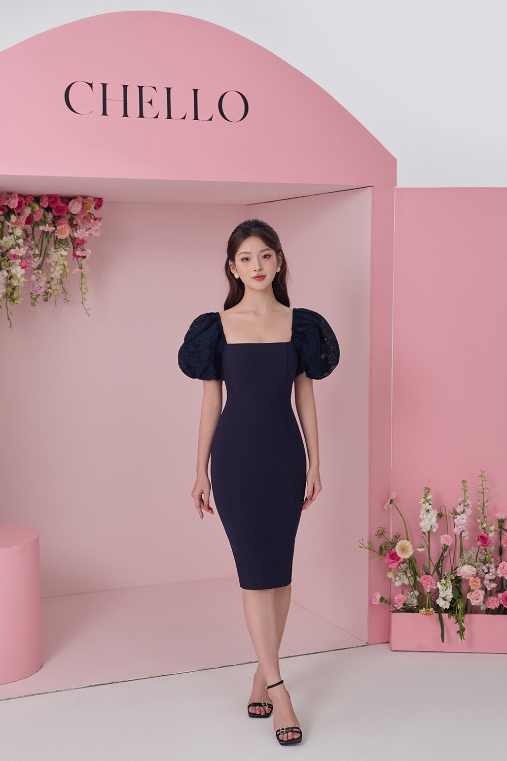 Arrietty Lace Puff Sleeves Ponte Pencil Dress in Navy Blue