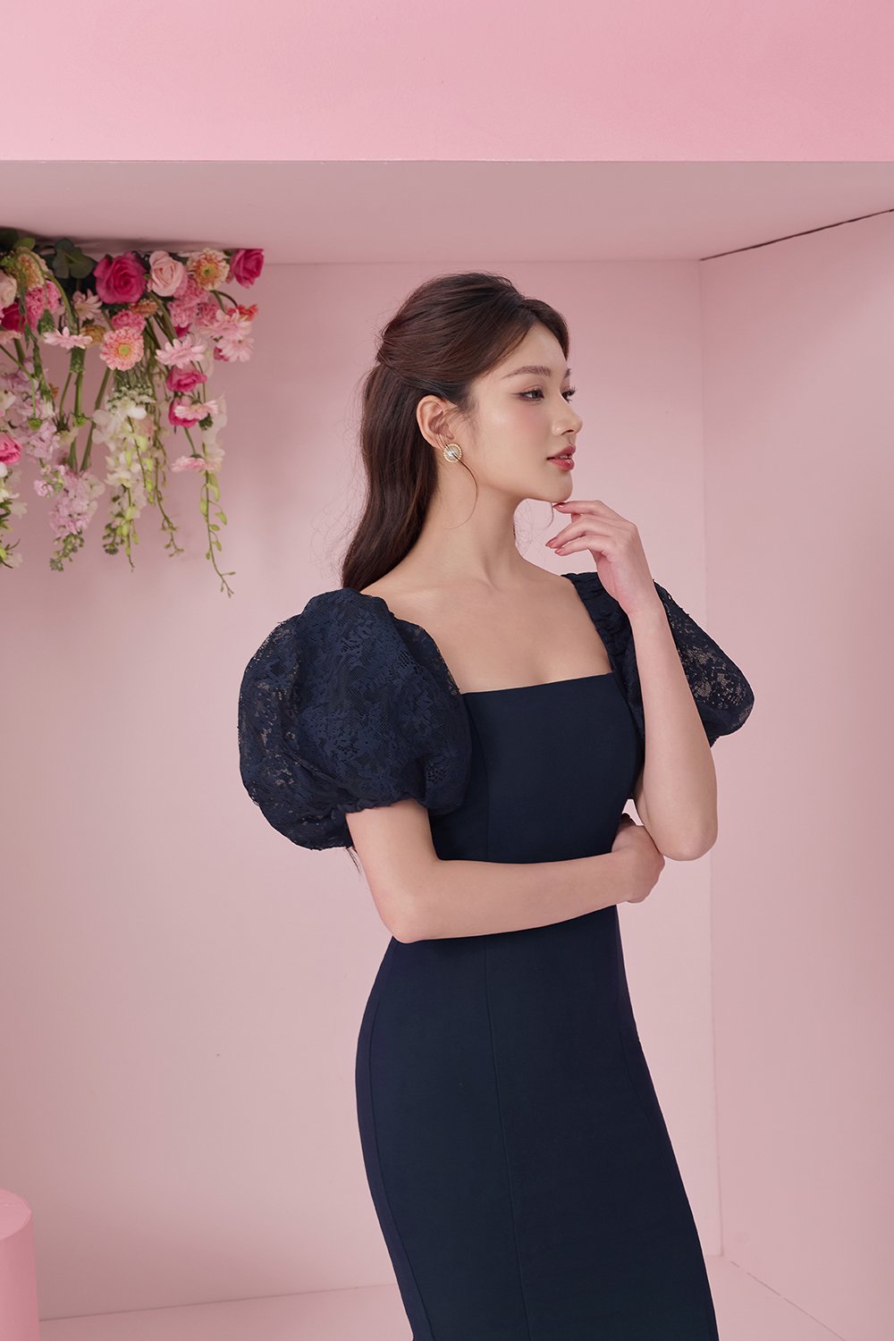 Arrietty Lace Puff Sleeves Ponte Pencil Dress in Navy Blue