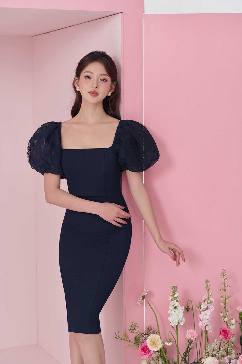 Arrietty Lace Puff Sleeves Ponte Pencil Dress in Navy Blue