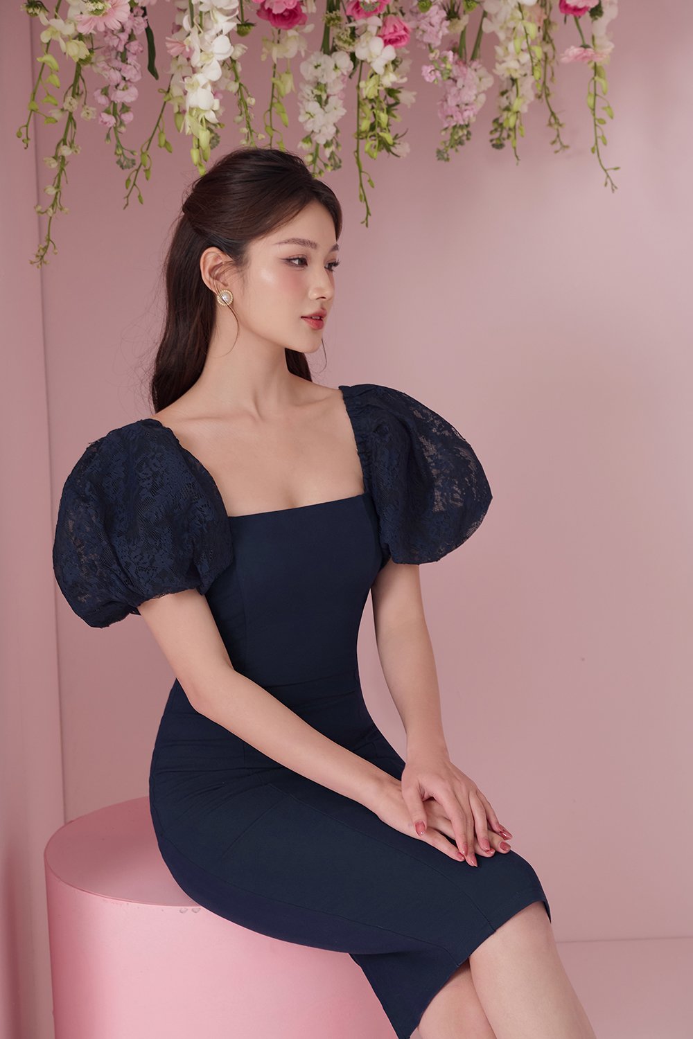 Arrietty Lace Puff Sleeves Ponte Pencil Dress in Navy Blue